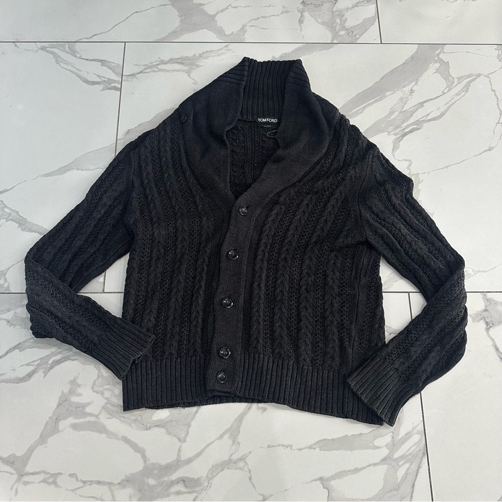 Tom Ford Men Sz 52 Knitted Button-Down Cardigan in Black Shawl Collar 100% Silk
